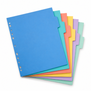 Coloured binder divider sheets on a white background