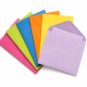 Assorted coloured envelopes on a white background