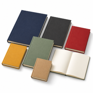 Hardcover notebooks in several colours and sizes on a white background