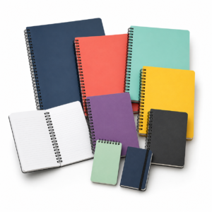 Spiral notebooks in several colours and sizes on a white background