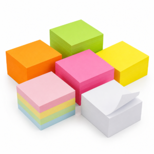 Colourful sticky-note cubes on a white background