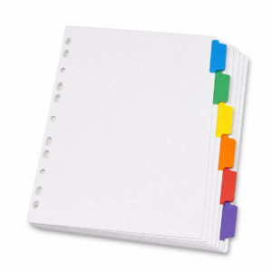 White binder dividers with coloured tabs on a white background